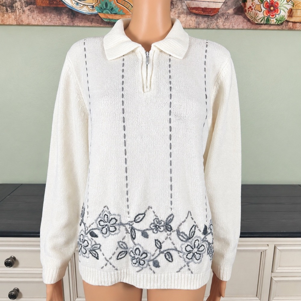 Alfred Dunner Sweater Ivory Floral Embroidered Quarter Zip Collared Knit